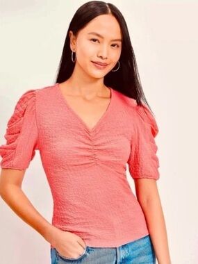 LOFT Crinkle Pleated Sleeve Top in Sakura • Coral Pink Textured Blouse Size M